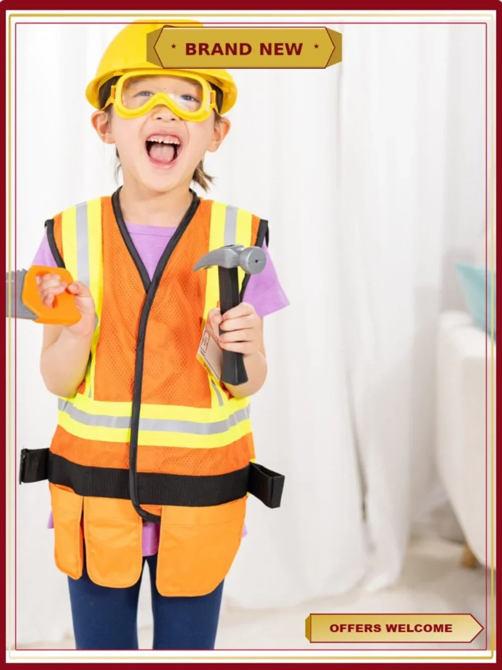Kids Pretend Play Construction Costume Set 6 pcs